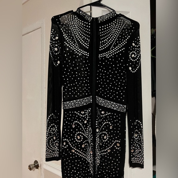 Mock Neck Rhinestone Sheer Mesh Bodycon Dress - Picture 6 of 7